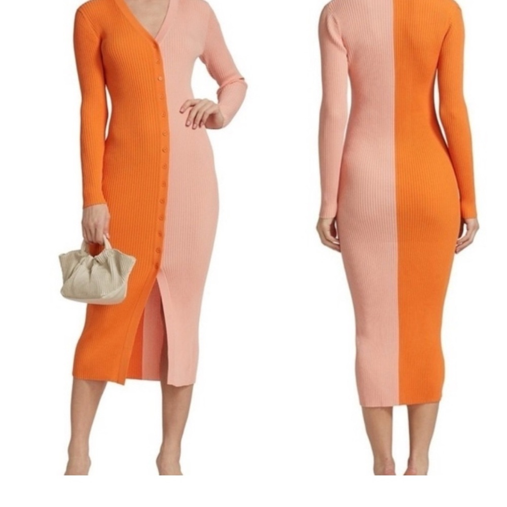 STAUD Sheath Dress V-neck Long Sleeve Orange Pink